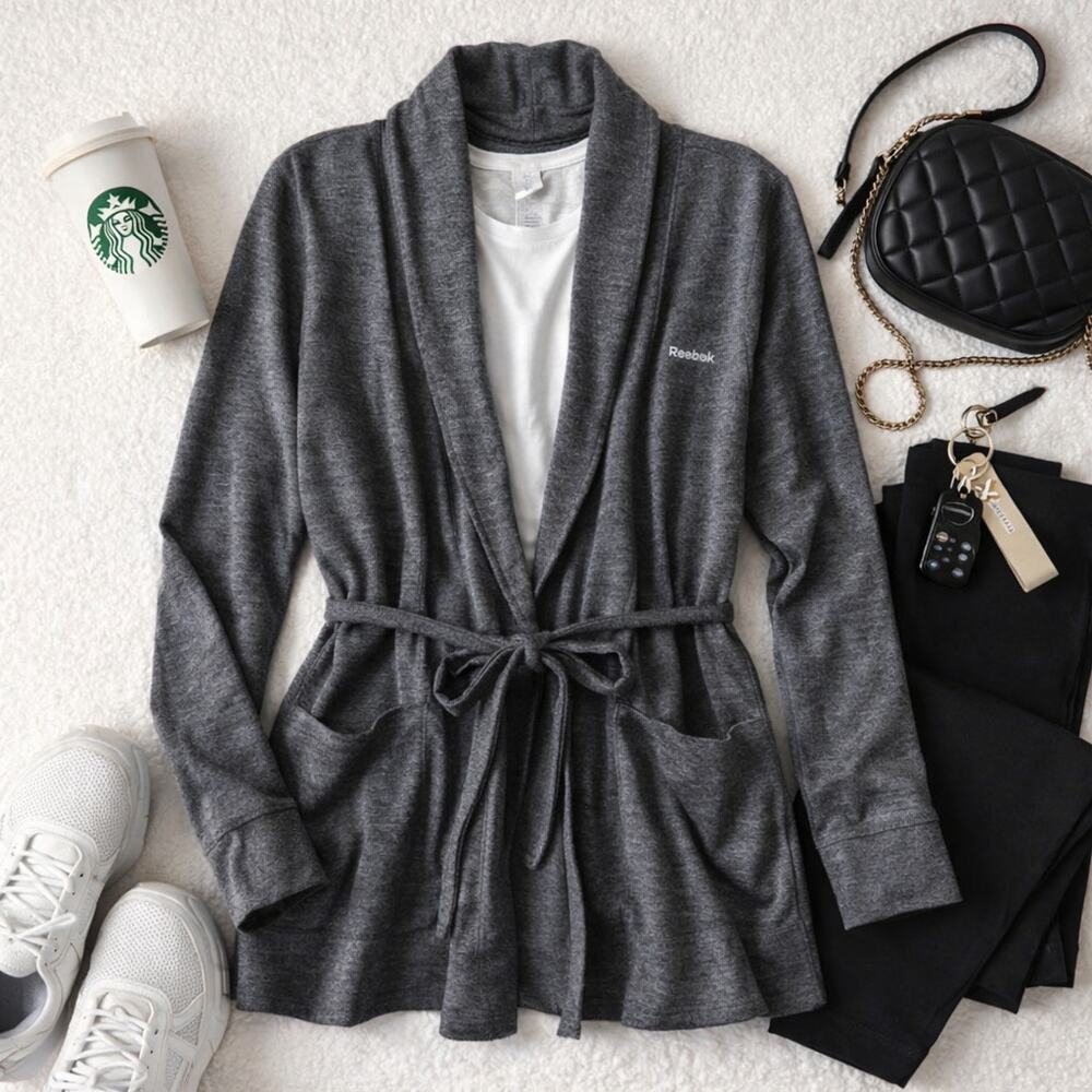 Reebok Wrap Cardigan Medium Gray Tie Waist Athleisure Cozy Lightweight